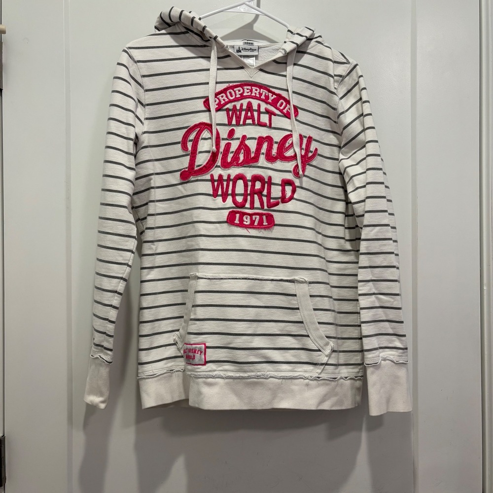 Disney Parks Walt Disney World Striped Hoodie Pink Embroidered Logo White Large